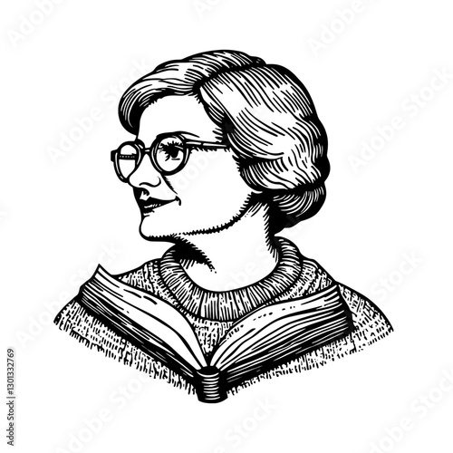Vector engraved illustration of a woman reading a book, suitable for product design