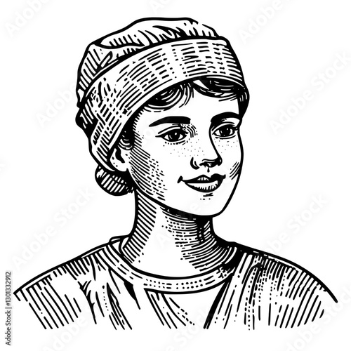 Vector engraved illustration of a young woman wearing a headscarf in a classic style suitable for product design