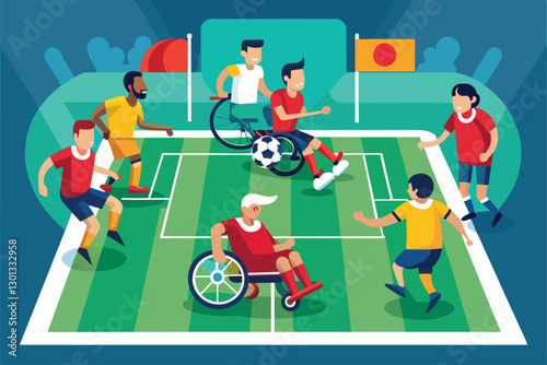 Athletes participate in a dynamic paralympic football match, showcasing skill and teamwork on the field, Paralympic football 5-a-side Customizable Flat Illustration