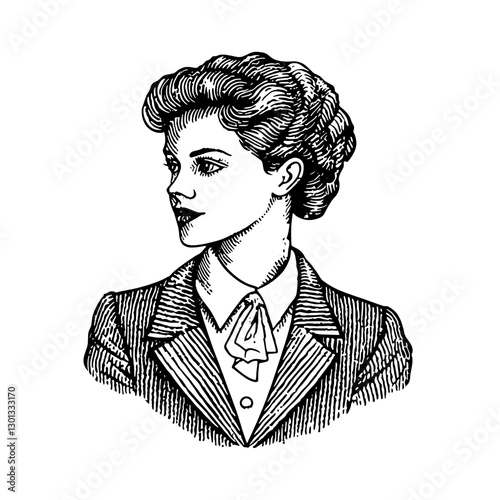 Vector engraved illustration of a young woman in vintage attire with hairstyle showcasing elegant details for product design