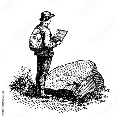 Engraved illustration of a hiker observing a large rock while taking notes in a natural setting