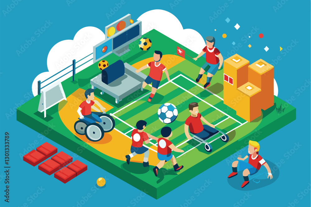 A vibrant scene depicting athletes engaged in paralympic football, showcasing inclusivity and teamwork, Paralympic football 5-a-side Customizable Semi Flat Illustration A vibrant scene depicting athletes engaged in paralympic football, showcasing inclusivity and teamwork, Paralympic football 5-a-side Customizable Semi Flat Illustration
