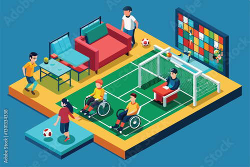 A diverse group participates in a paralympic football game in a vibrant and customizable indoor environment, Paralympic football 5-a-side Customizable Isometric Illustration
