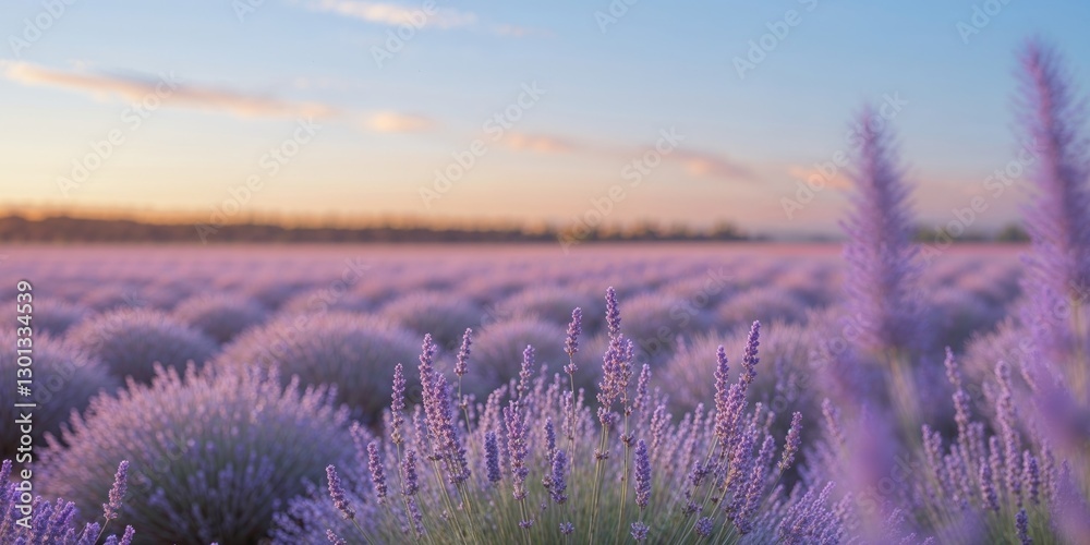Obraz premium Lavender field in evening with warm golden tones