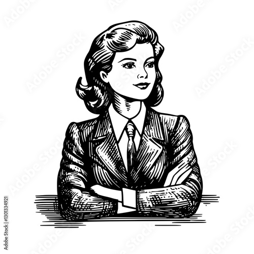 Vector engraved illustration of a confident businesswoman in a suit, embodying professionalism and empowerment in design