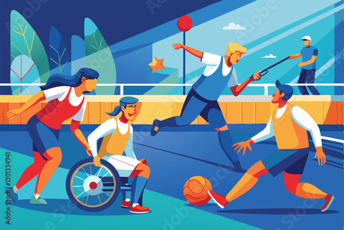 Athletes with diverse abilities compete in goalball, demonstrating their skills and teamwork during play, Paralympic goalball Customizable Disproportionate Illustration