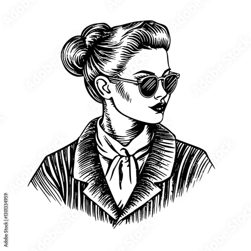 Engraved vector illustration of a stylish woman with sunglasses and scarf in a vintage outfit for product design purposes