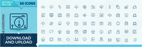 Set of Download And Upload line icons. Icons service, element, interface, download, web, internet, mobile and more. Thin linear style icons. Vector icons editable stroke.