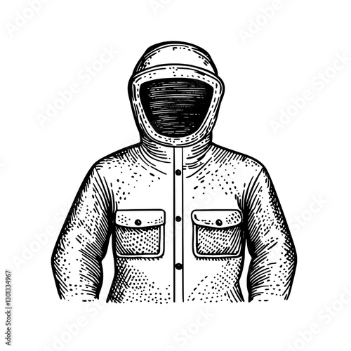 Vector engraved illustration depicting a detailed design of a protective jacket suitable for extreme conditions