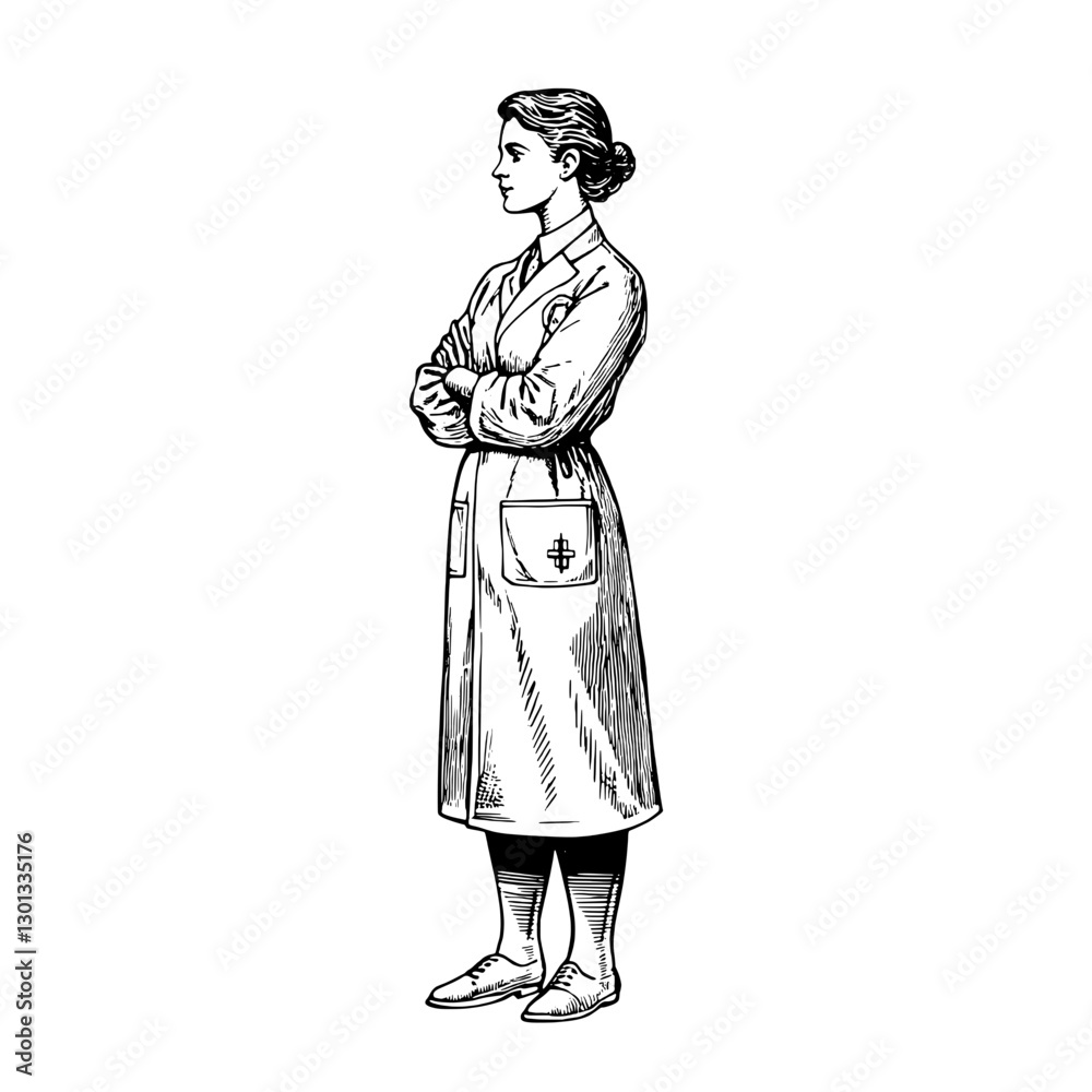 Vector engraved illustration of a woman in a lab coat standing confidently for product design use Vector engraved illustration of a woman in a lab coat standing confidently for product design use