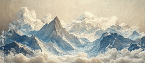 Fototapeta Naklejka Na Ścianę i Meble -  Paper-like layered mountain landscape with soft textures and flowing shapes. Mural Marble Wallpaper Spring AI generated image