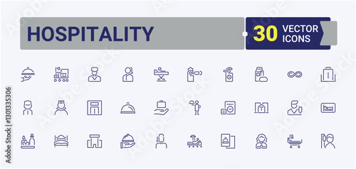 Hospitality vector line icon set. Contains linear outline icons like shower, restaurant, taxi, fast, break, business, room and more. Expanded stroke. Vector illustration.