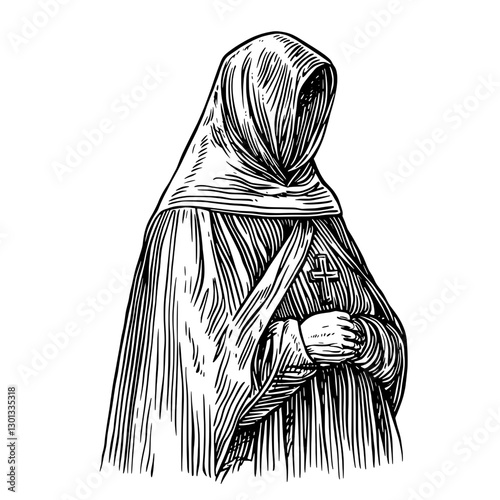 Engraved illustration of a cloaked figure with a cross for spiritual and product design inspiration