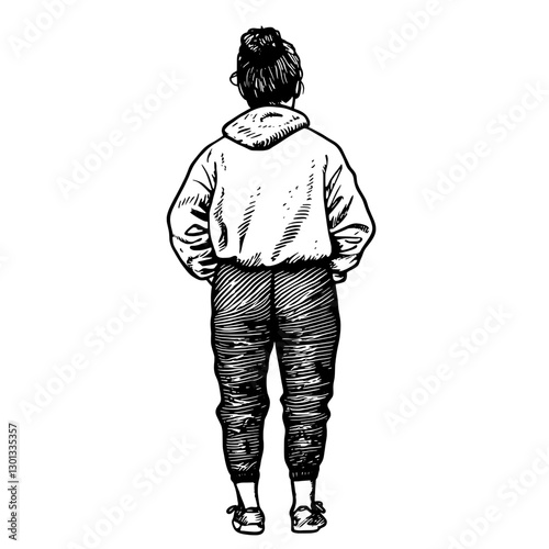 Vector engraved illustration of a person standing in casual attire, viewed from behind, perfect for product design applications