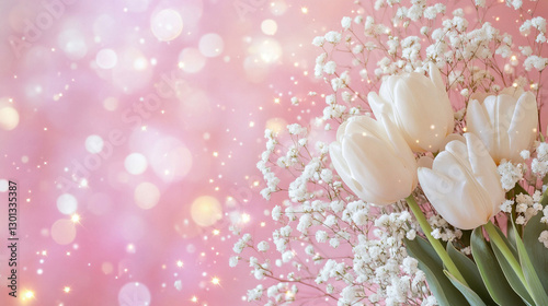 Białe tulipany na różowym tle, karta z miejscem na tekst, tło generative ai  © Elżbieta Kaps