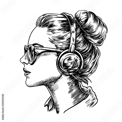 Vector engraved illustration of a young woman wearing stylish headphones and sunglasses in profile view