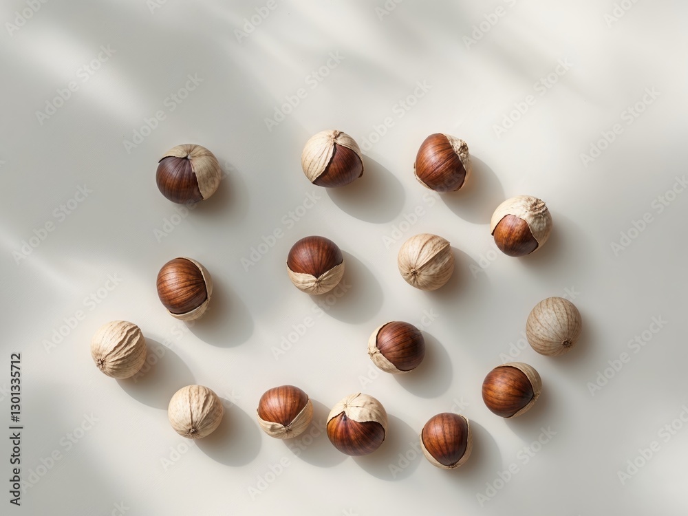 Hazelnuts in shells showcased in various groupings. Hazelnuts in shells showcased in various groupings.