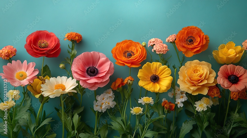 Colorful summer flowers arranged on a fresh mint green background. Colorful summer flowers arranged on a fresh mint green background.
