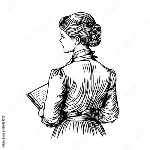 Elegant woman holding a book, vector engraved illustration showcasing intricate design for product applications