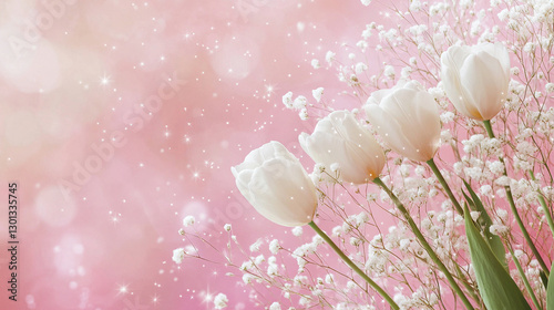 Białe tulipany na różowym tle, karta z miejscem na tekst, tło generative ai  © Elżbieta Kaps