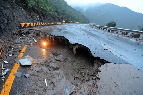 A terrifying night-time landslide caught by headlights, showing a wall of mud rushing down a road