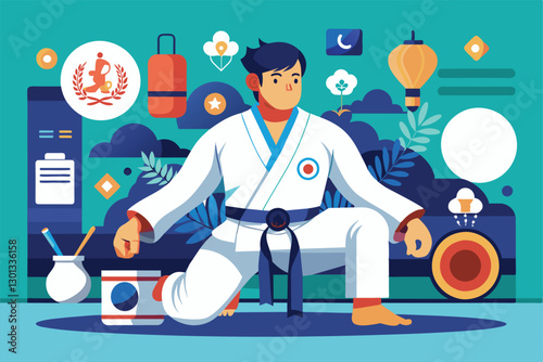 A judo practitioner prepares for a training session, showcasing technique and concentration in a vibrant setting, Paralympic judo Customizable Disproportionate Illustration