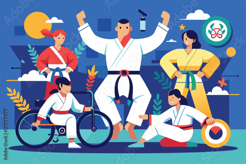 Five judo practitioners showcase their skills and achievements, promoting inclusion and empowerment for all, Paralympic judo Customizable Disproportionate Illustration