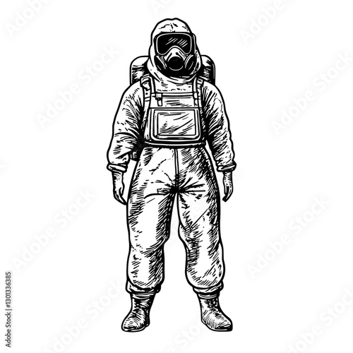 Detailed vector engraved illustration of a person in a protective suit with gas mask for product design applications