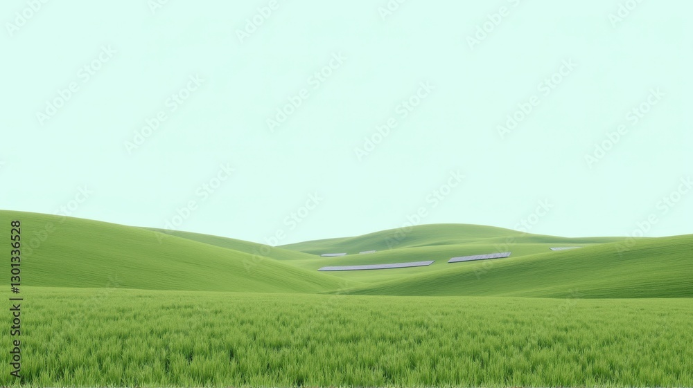 Obraz premium Expansive Green Fields with Solar Arrays Under a Clear Sky