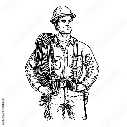 Detailed vector engraving of a construction worker with safety gear and tools standing confidently outdoors