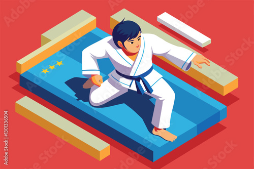 A judo athlete with a focused expression practices moves on a colorful isometric mat, showcasing determination, Paralympic judo Customizable Isometric Illustration