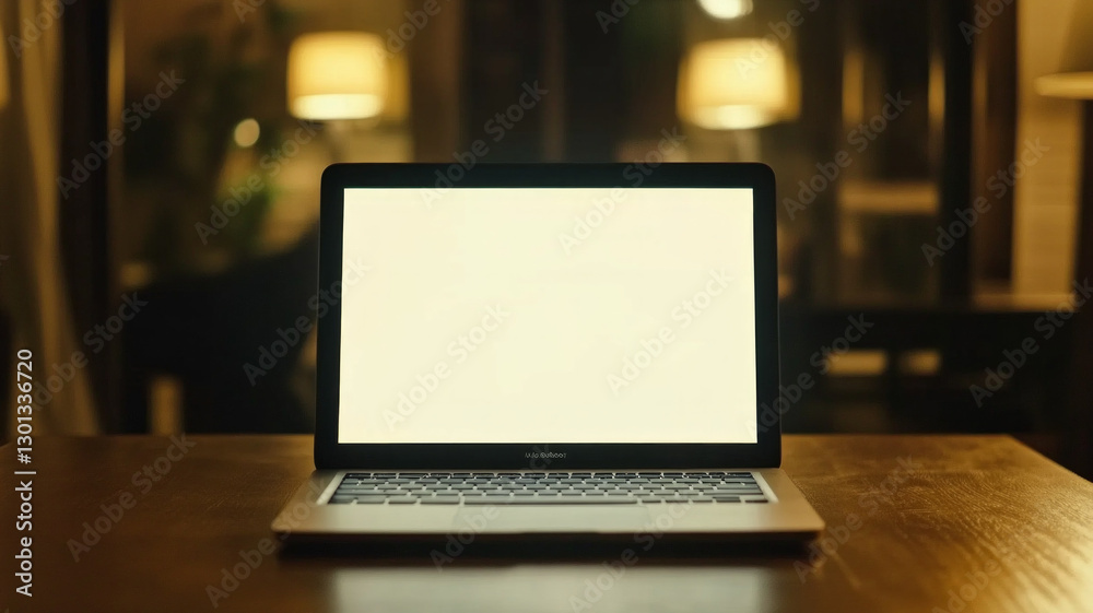 A laptop is open on a table with a black screen