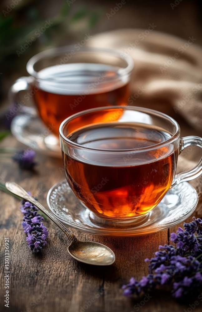 Glass Cup with Black Tea and Lavender on Wooden Table Glass Cup with Black Tea and Lavender on Wooden Table
