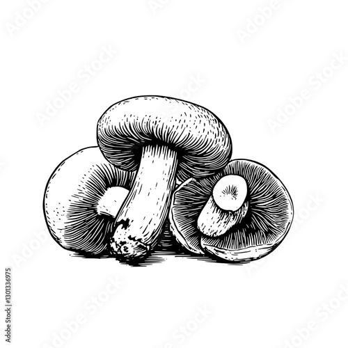 Vector engraved illustration showcasing detailed mushrooms for product design applications