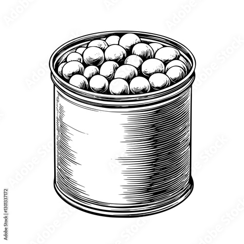Detailed vector engraving of a can filled with round objects suitable for product design and illustration purposes