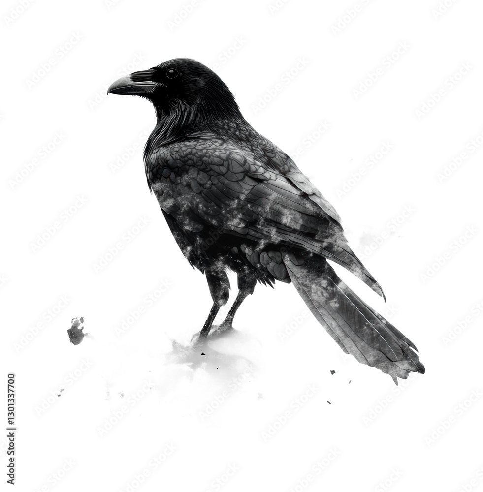 Fototapeta premium Raven standing on the ground showcasing intricate feather details against a soft background ambiance, cut out