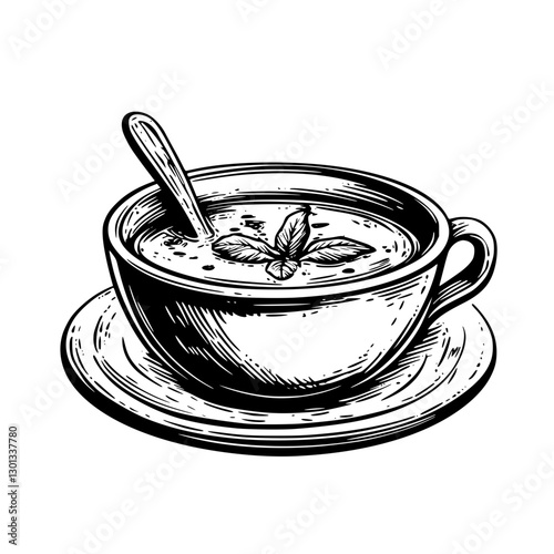 Intricate vector engraving of a soup bowl with a spoon and mint leaves
