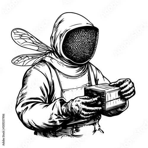Creative vector engraved illustration of a beekeeper holding a box in a detailed design for unique product applications