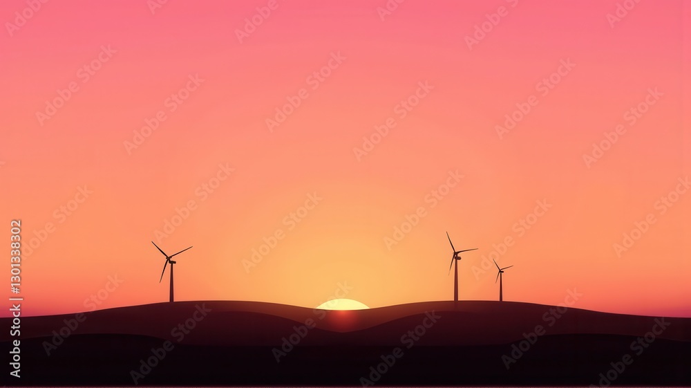 Obraz premium Minimalist Wind Turbines at Sunset with Vibrant Sky Background