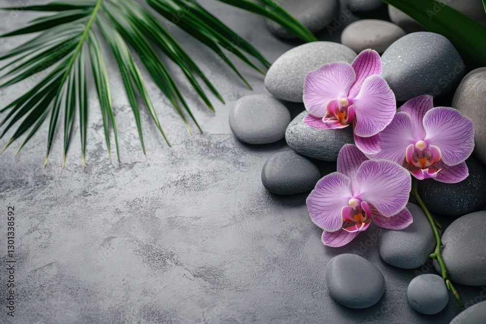 Two pink orchids on grey stones with palm leaves on a grey background. Two pink orchids on grey stones with palm leaves on a grey background.