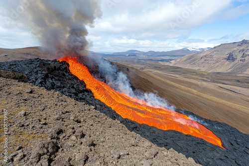 A volcanic eruption triggering a landslide, with hot lava mixing with rocks and soil as it rushes downhill