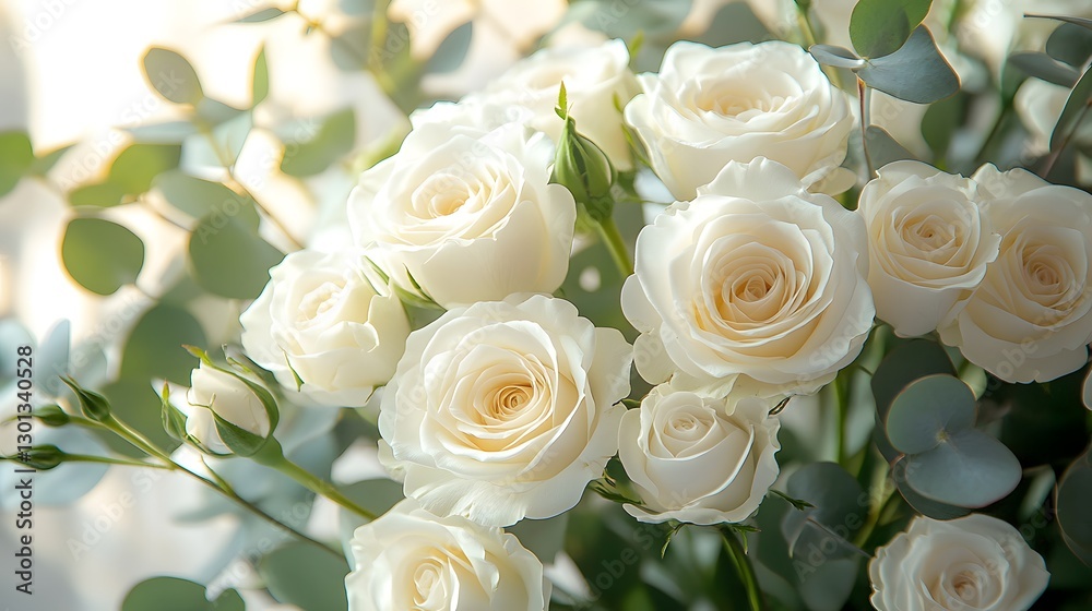 Obraz premium A Beautiful Bouquet of White Roses and Eustoma with Eucalyptus Leaves in Soft Light