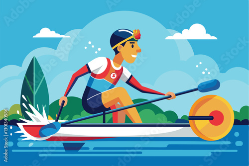 A determined athlete rows competitively on a calm lake, showcasing skill and focus in paralympic sports, Paralympic rowing Customizable Flat Illustration