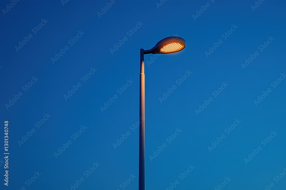 A single street lamp with a warm glow illuminates the blue twilight sky. A single street lamp with a warm glow illuminates the blue twilight sky.