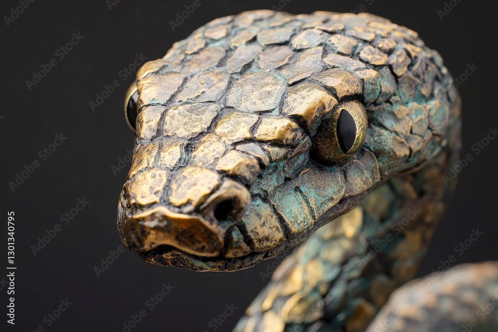 Bronze Snake Sculpture: Intricate Details and Realism - A detailed bronze snake sculpture, capturing the reptile's texture, gaze, and power. Symbolizing mystery, transformation, wisdom, healing Bronze Snake Sculpture: Intricate Details and Realism - A detailed bronze snake sculpture, capturing the reptile's texture, gaze, and power. Symbolizing mystery, transformation, wisdom, healing