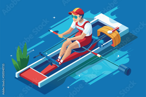 A customizable isometric illustration depicts a paralympic rower navigating vibrant waters with skill, Paralympic rowing Customizable Isometric Illustration