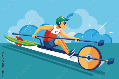 A dedicated athlete rows a specialized boat under a clear blue sky, showcasing determination and skill, Paralympic rowing Customizable Semi Flat Illustration