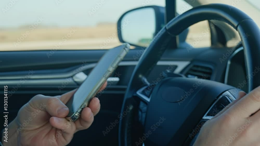 Close-up of driver hands using smartphone while driving car, risk of distraction and road safety concerns. Dangerous driving of vehicle, violation of traffic rules
