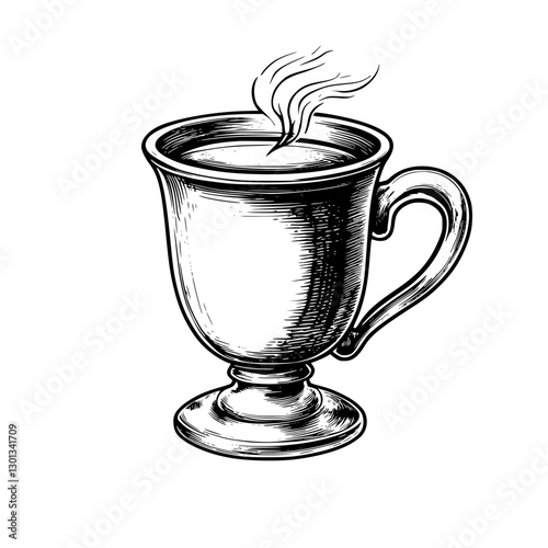 Engraved illustration of a steaming cup for product design inspiration with antique style