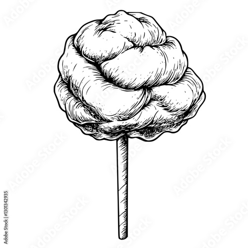 Vector engraved illustration of a cotton candy treat on a stick for product design use